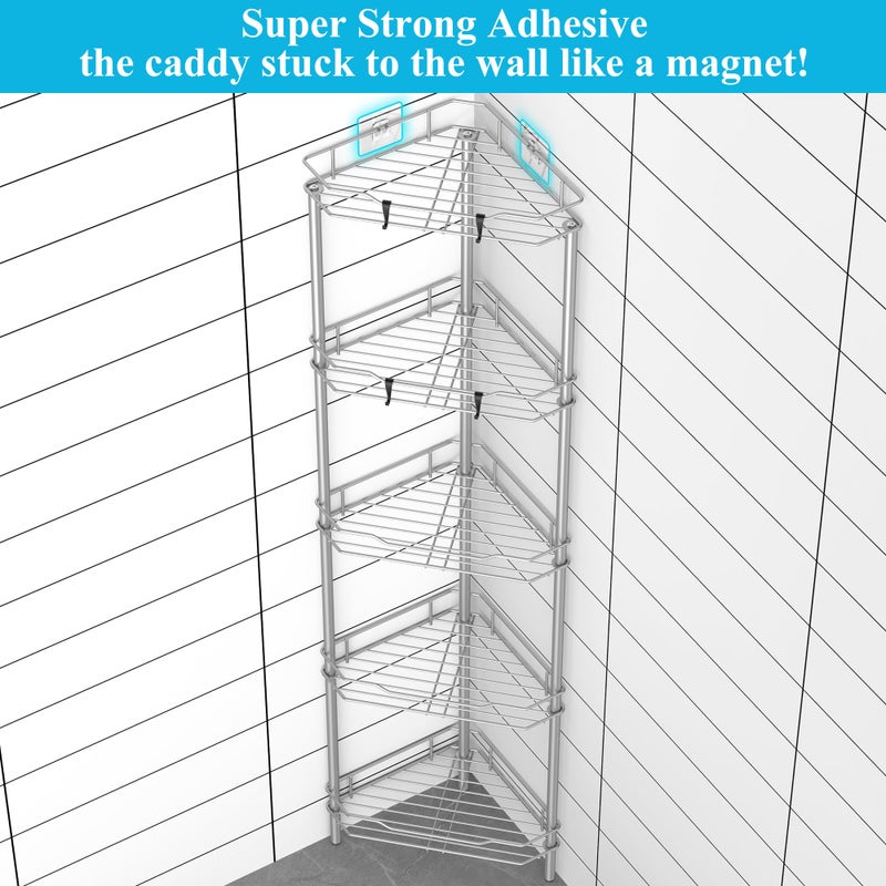 HuggieGems 5 Tier Floor Standing Corner Shower Caddy Organizer Shelf with Hooks, Bathroom Shelves Stand Rack, Gray - Image 2